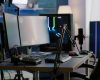 Empty streaming studio with RGB led lights powerful personal computer