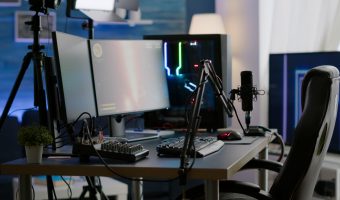 Empty streaming studio with RGB led lights powerful personal computer