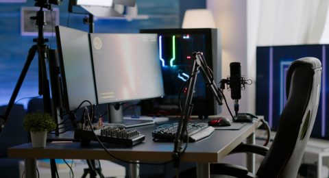 Empty streaming studio with RGB led lights powerful personal computer