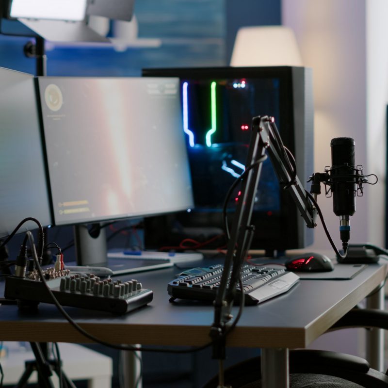 Empty streaming studio with RGB led lights powerful personal computer